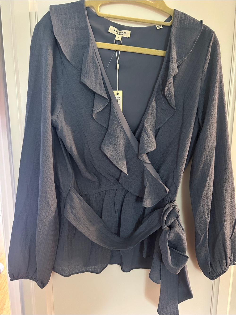 Max Studio Slate Blue Ruffle Wrap Blouse with Side Tie